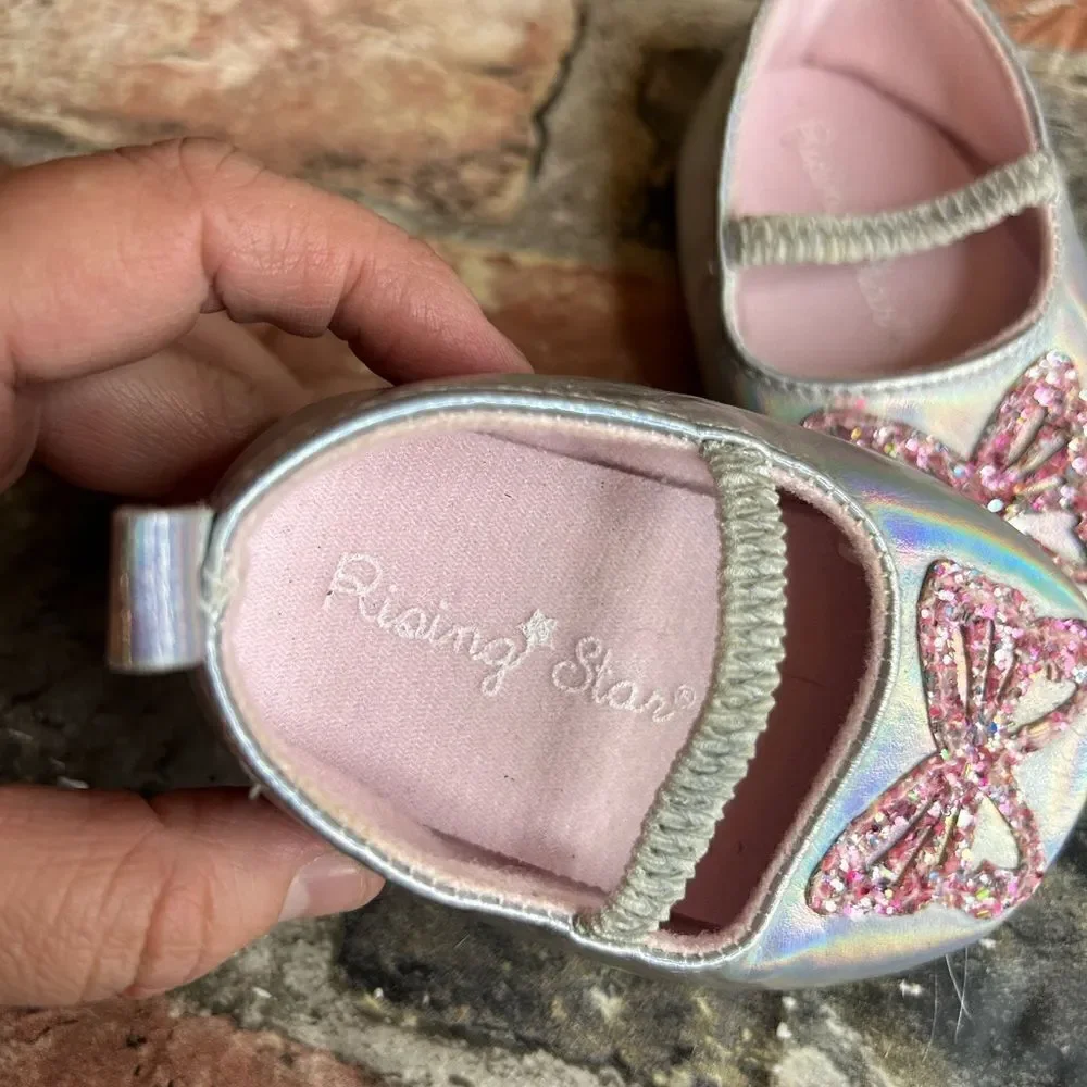 5‎ for $25🔥Rising Star Metallic Silver Butterfly Flats Baby Size 6-9 Months